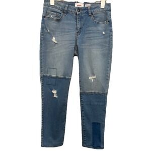 VINTAGE Bongo Jeans Women's Size 10 Light Blue Distressed Patch Work Zip/Button